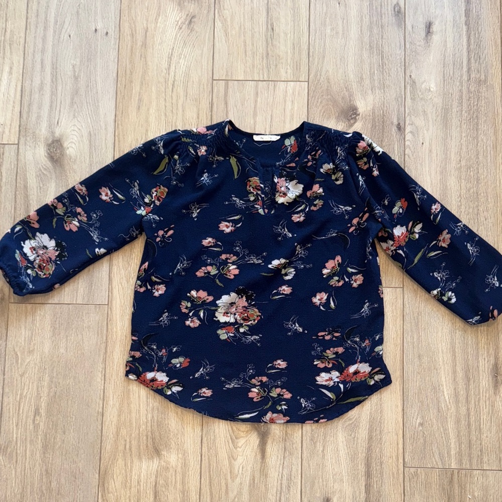 fun 2 fun 3/4 Sleeve Slight V Neck Flowy Floral Print Business Casual Blouse